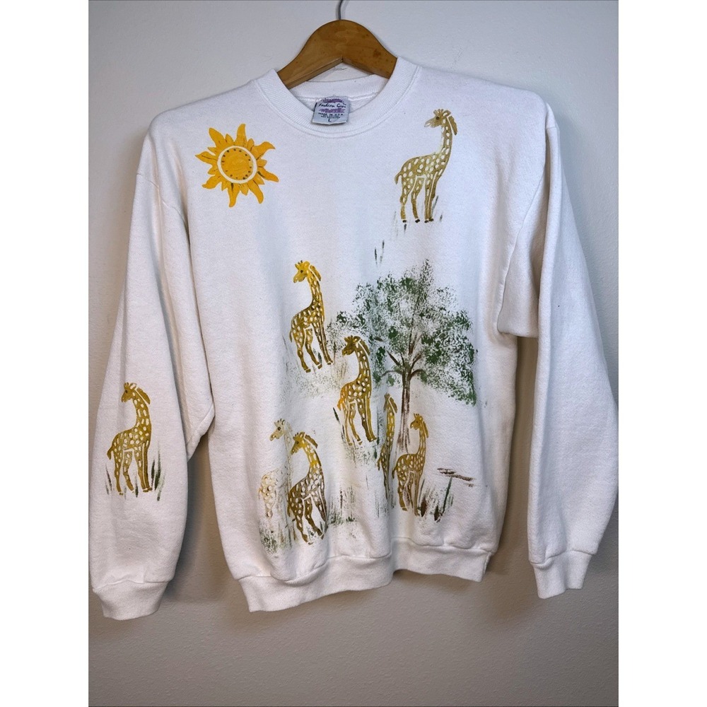 Vintage Fashion Gear Giraffe Safari Hand Painted Sweatshirt White Large USA Made